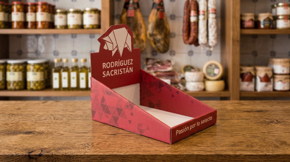 Expositor de mostrador de cartón para alimentación en una tienda gourmet