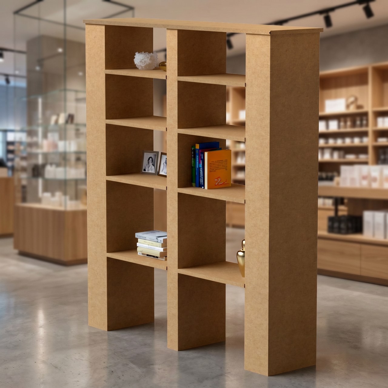 Librería de cartón resistente en un espacio retail
