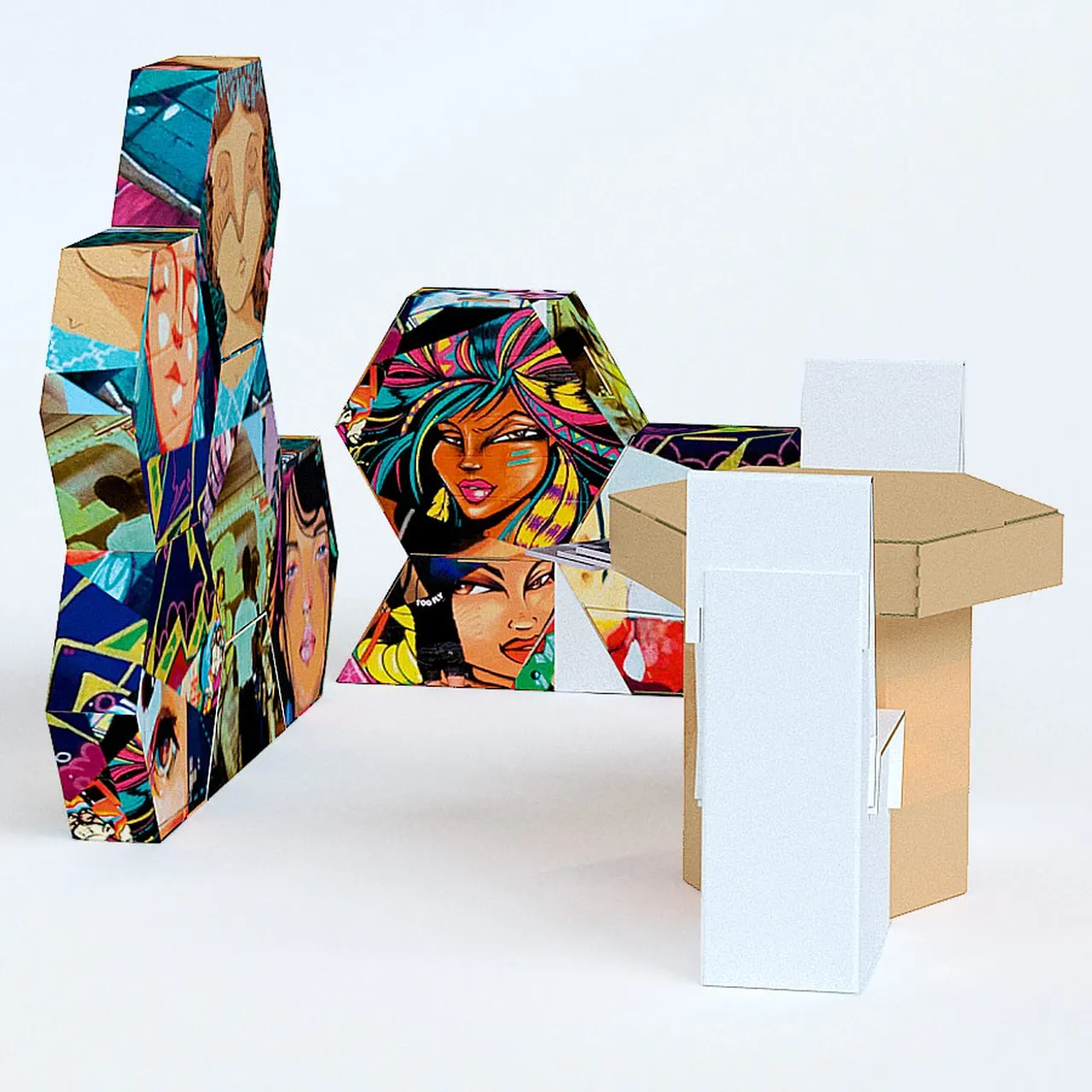 Stand modular con hexágonos de cartón