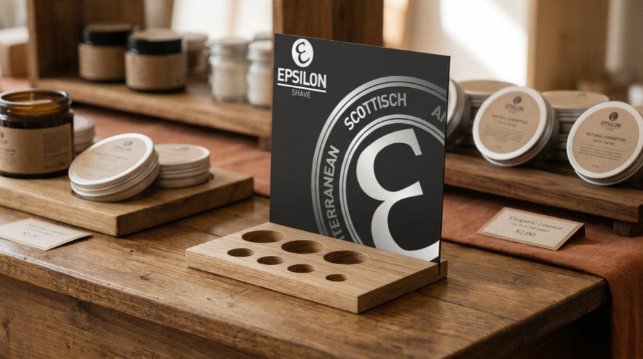 Expositor de madera para cosmética natural sobre un mostrador