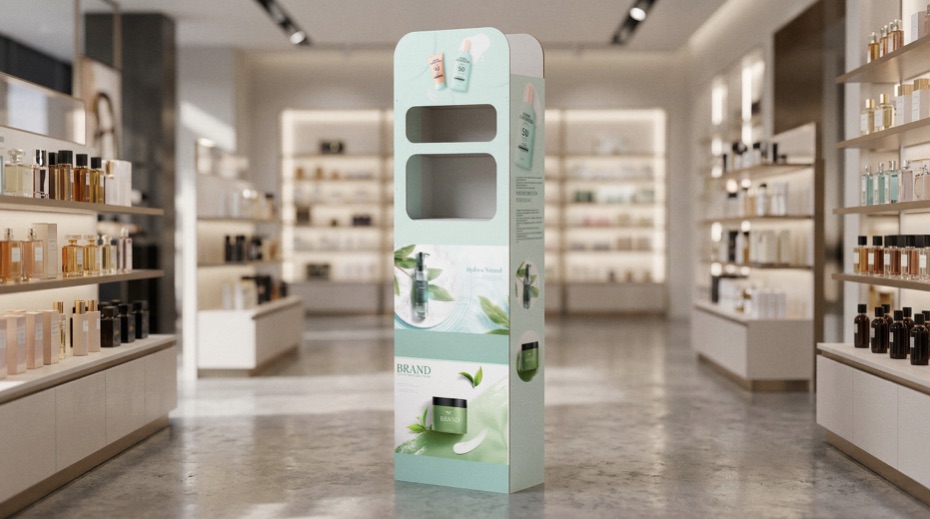Tótem de cartón para cosmética en una perfumería