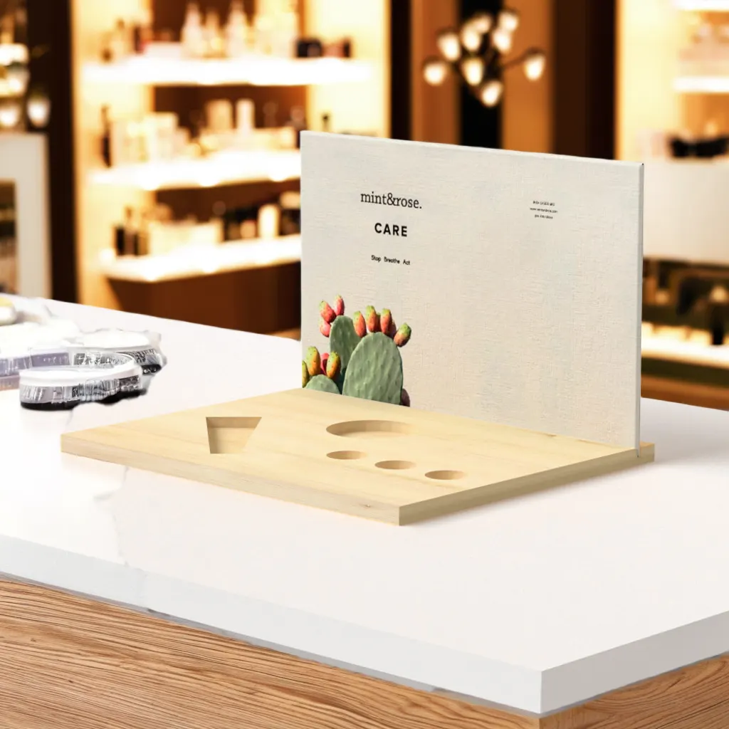 Display de madera en una tienda de cosmética