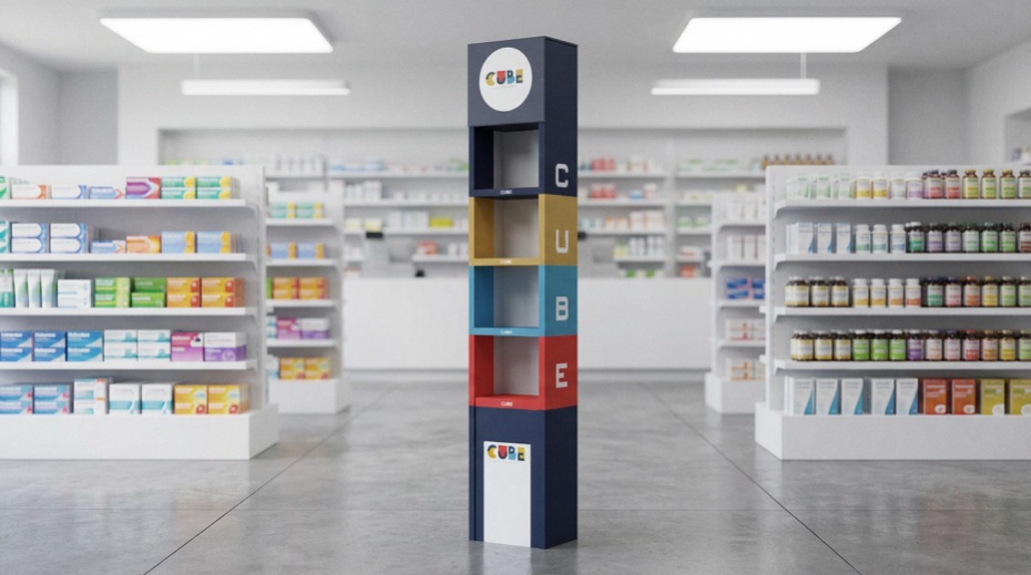 Display de suelo de cartón para farmacias en un pasillo de parafarmacia
