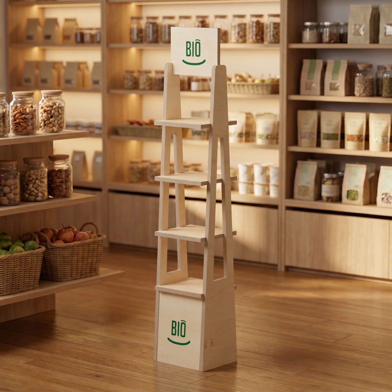 Expositor de madera en una tienda premium ecológica
