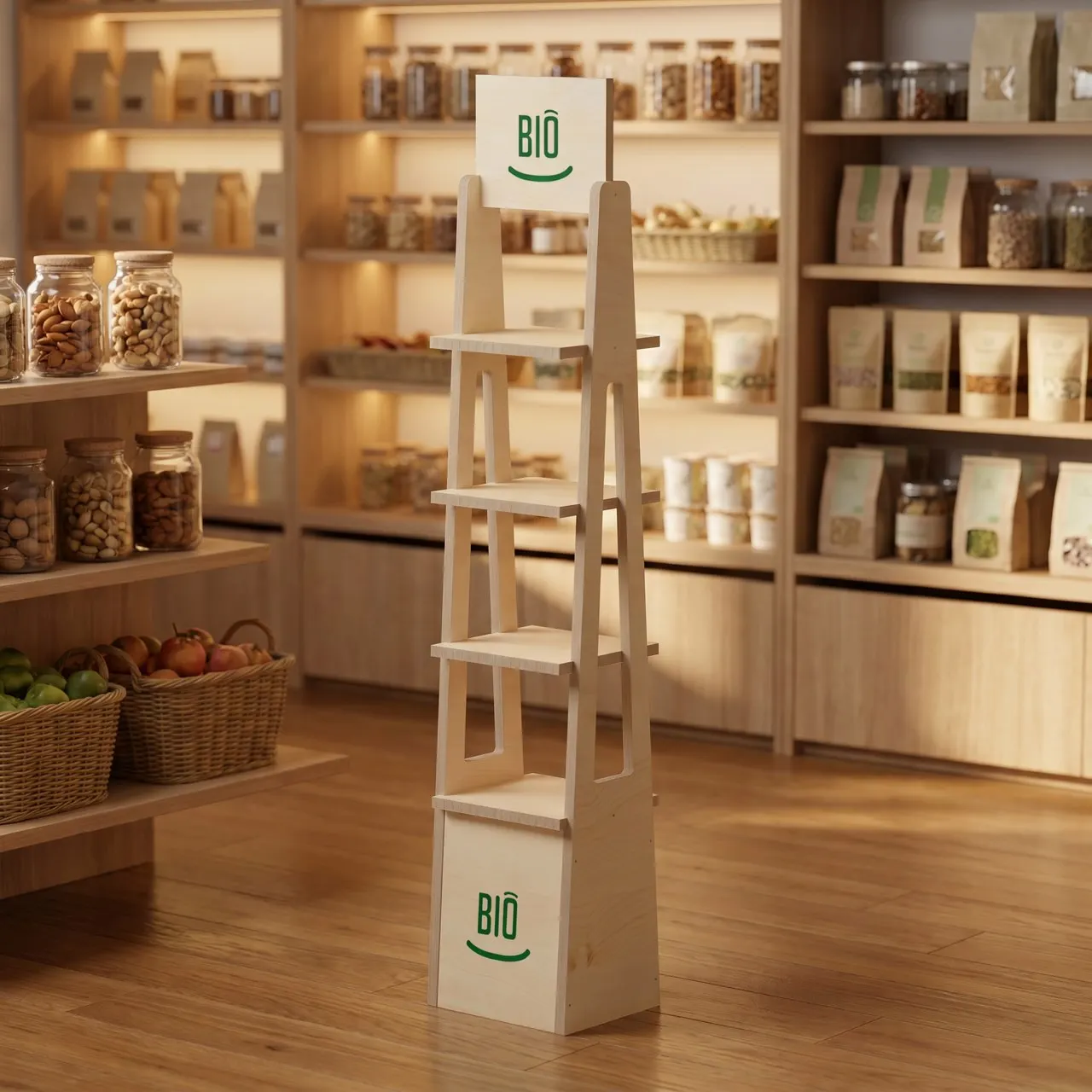 Expositor de madera en una tienda premium ecológica