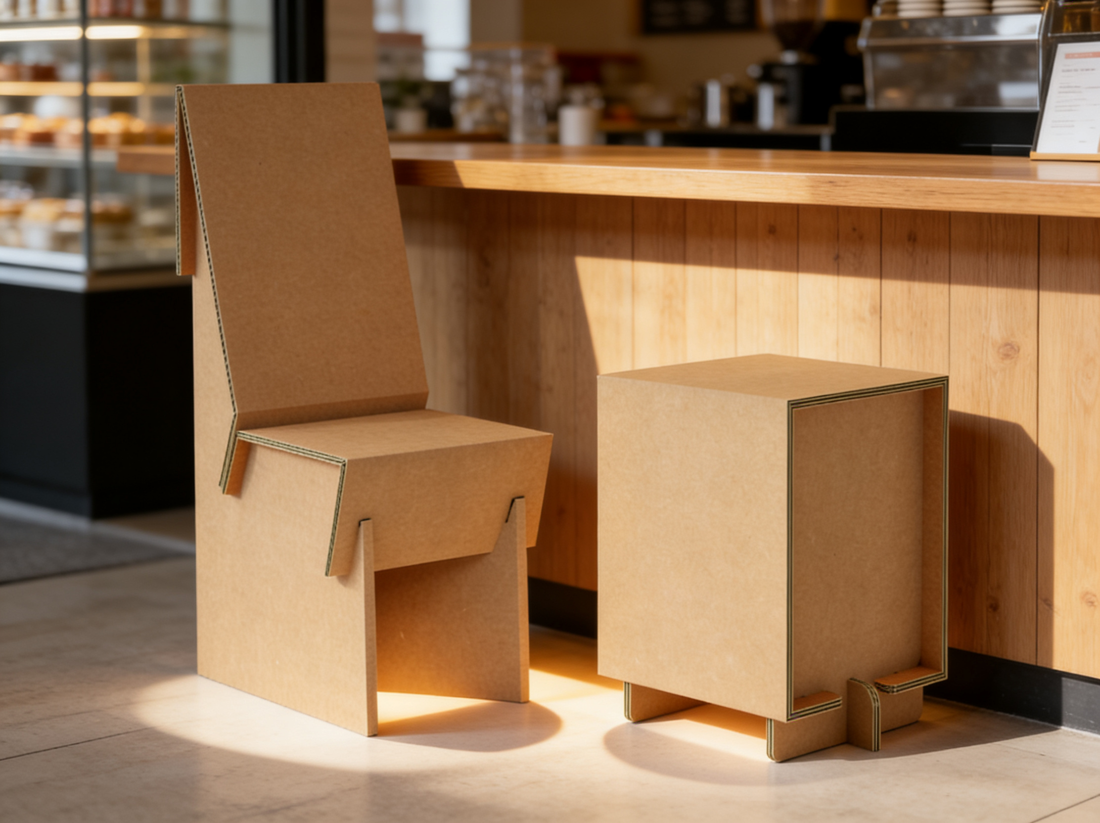 Silla y taburete de cartón en una cafetería