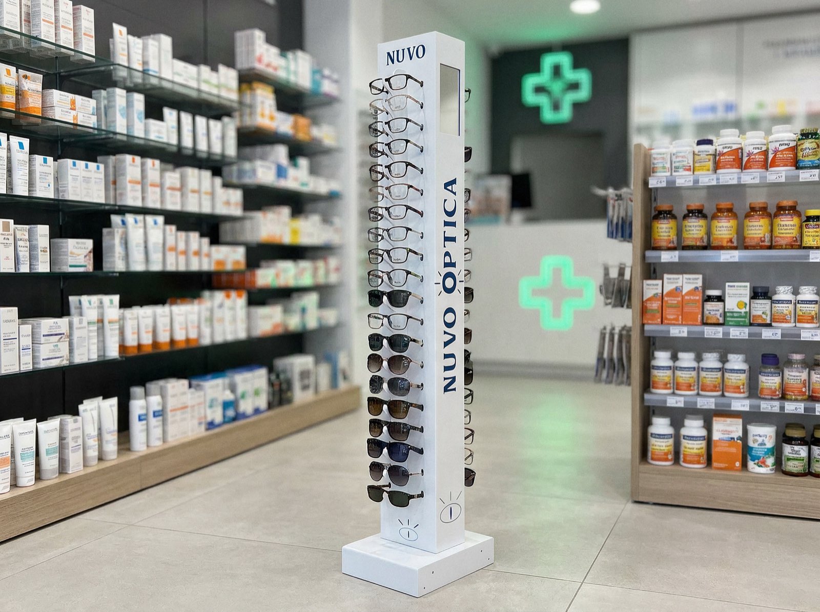 Expositor de suelo para gafas con espejo en una farmacia