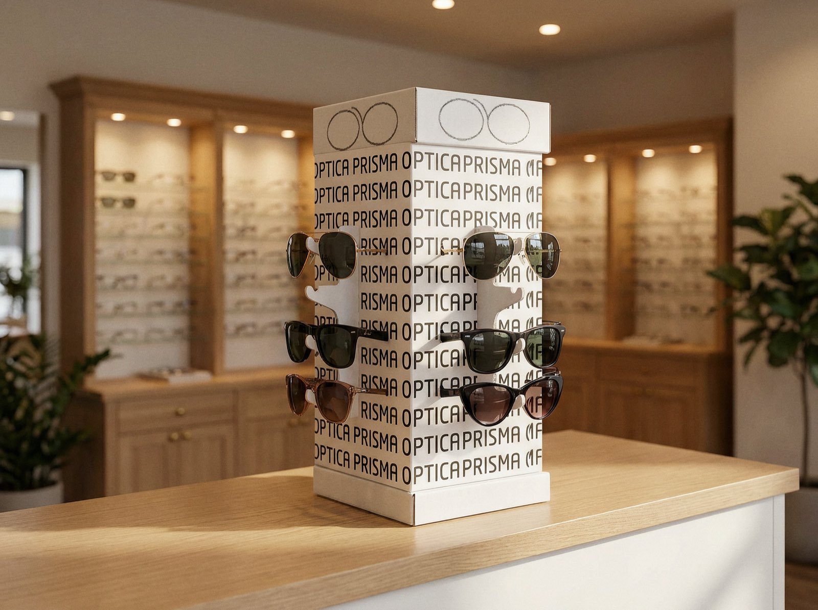 Expositor giratorio de cartón para gafas de sol en el mostrador de una óptica