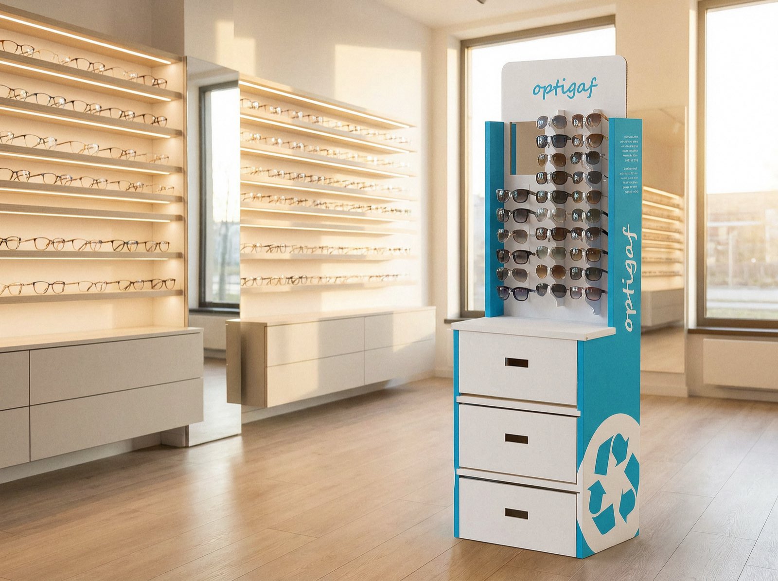 Expositor de cartón para gafas con espejo y cajones en una óptica