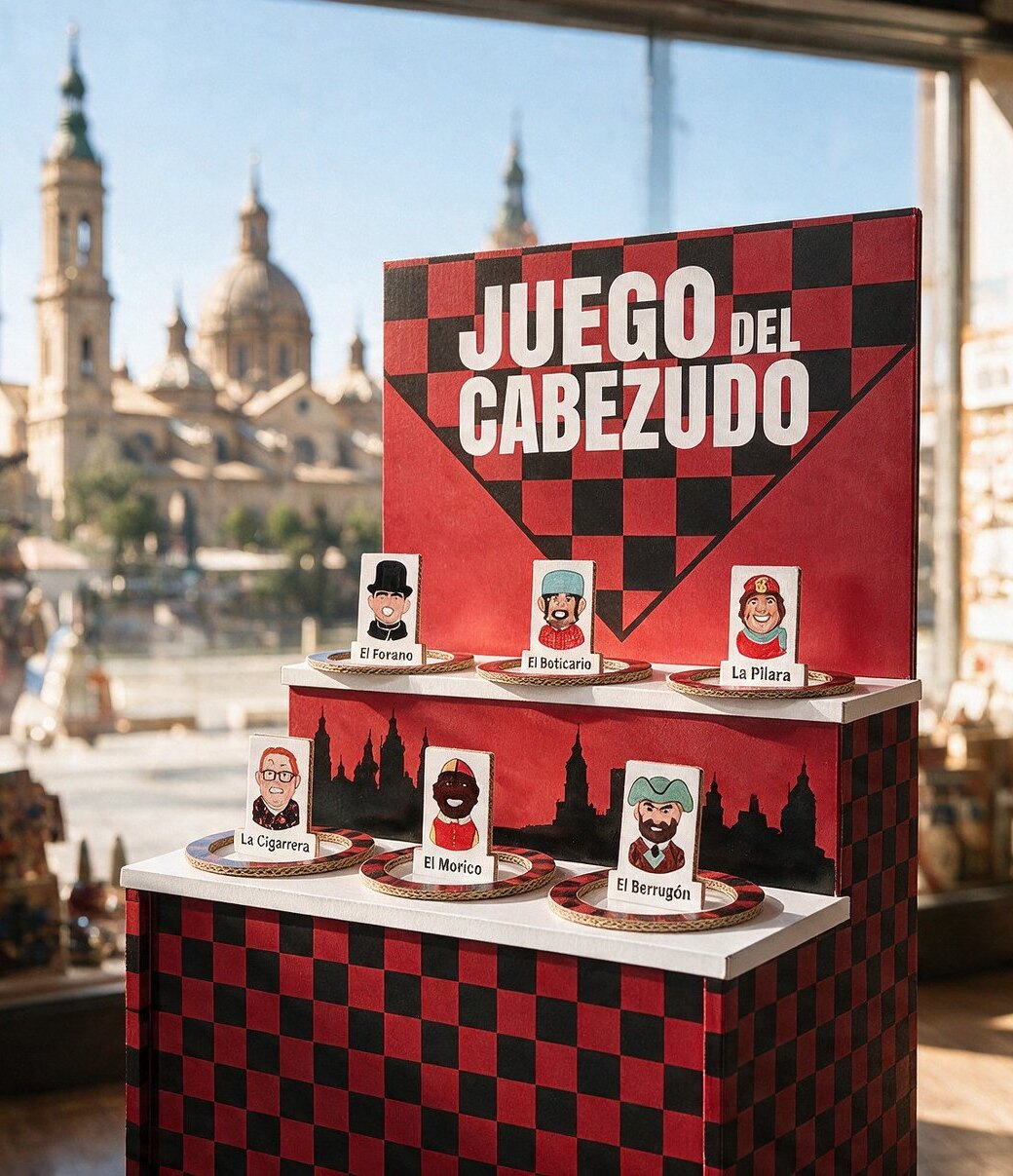 Mostrador de cartón «Juego del cabezudo» con los cabezudos de Zaragoza, en una tienda con el Pilar al fondo