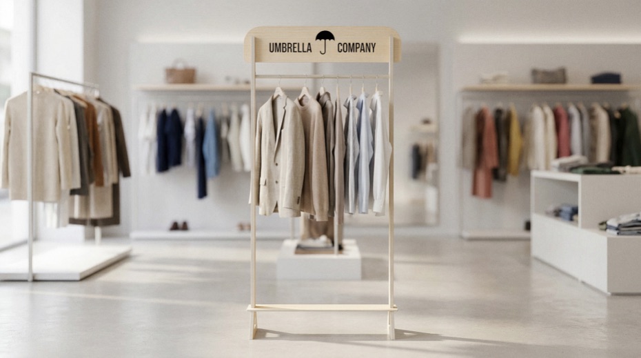 Burro de madera para ropa con prendas colgadas en una boutique