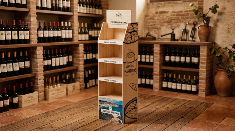 Expositor de madera de pino para vino en una bodega