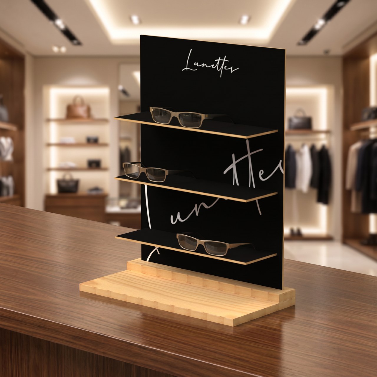 Display de madera en una tienda de producto premium