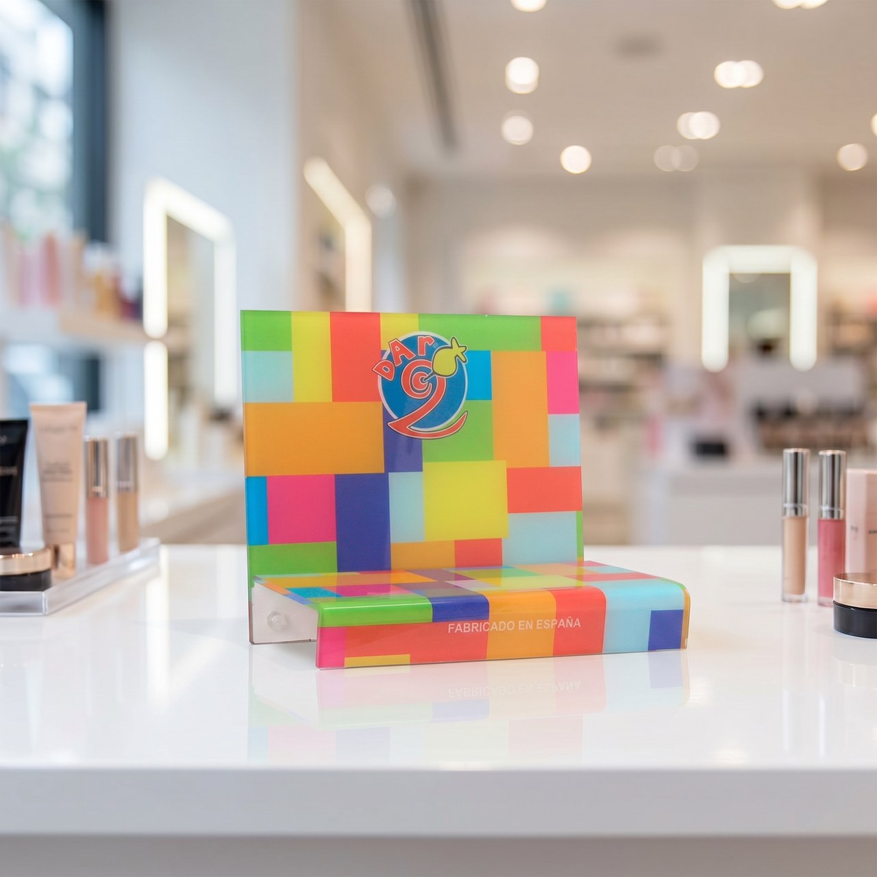 Display de metacrilato con producto de cosmética