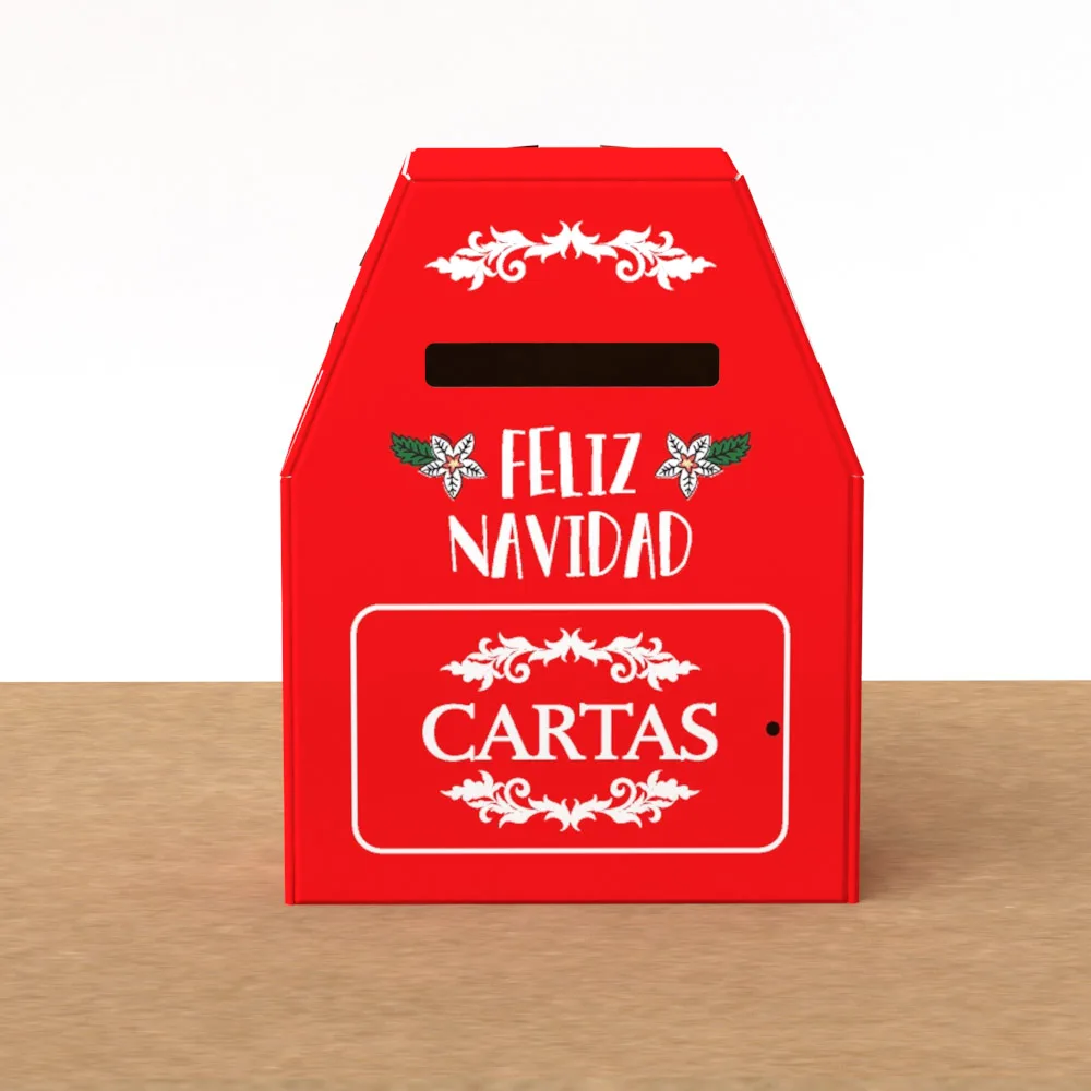 Buzón de cartón rojo con la ranura arriba y los textos «Feliz Navidad» y «Cartas»