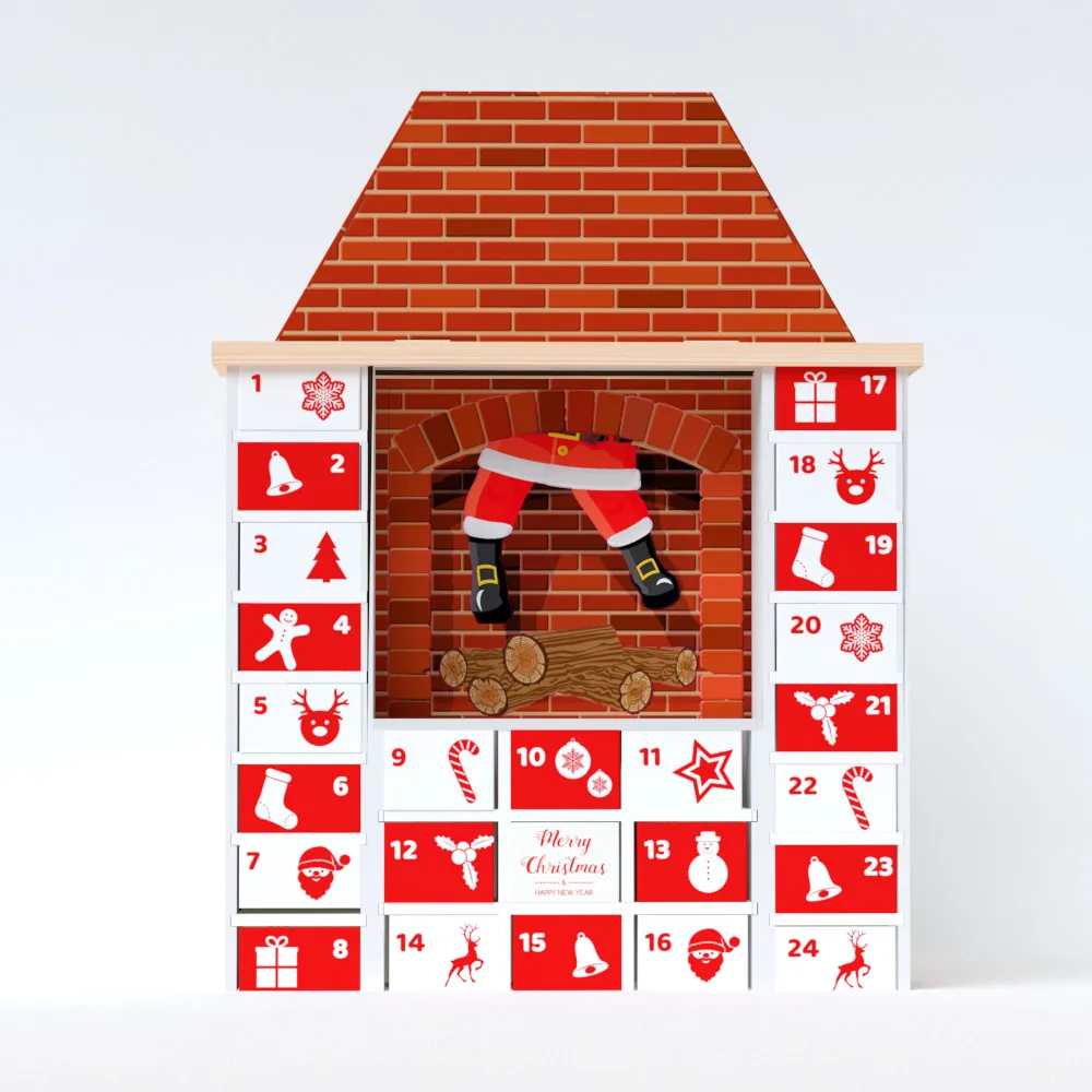 Chimenea de cartón impresa con ladrillo rojo y un calendario de Adviento de 24 casillas alrededor del hogar