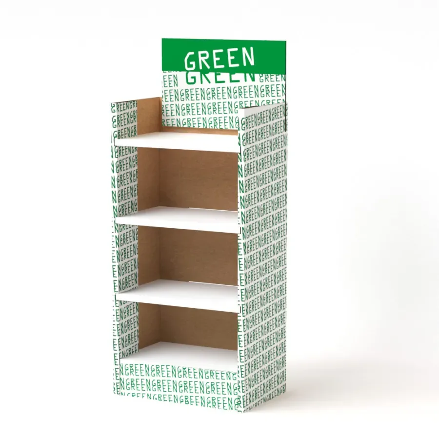 Expositor de cartón de 1/4 de palet con cuatro baldas, impreso en verde y blanco