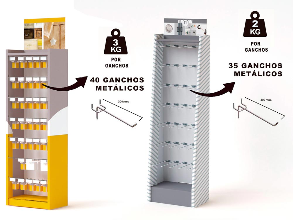 Expositor de suelo de cartón con ganchos metálicos para Reunión Industrial