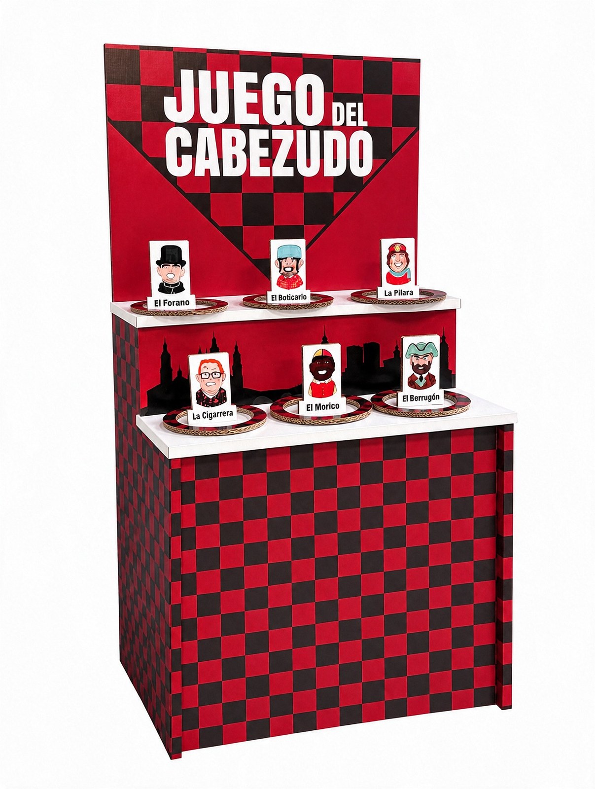Vista completa del mostrador de cartón del juego del cabezudo, con los cuadros rojinegros y la silueta del Pilar