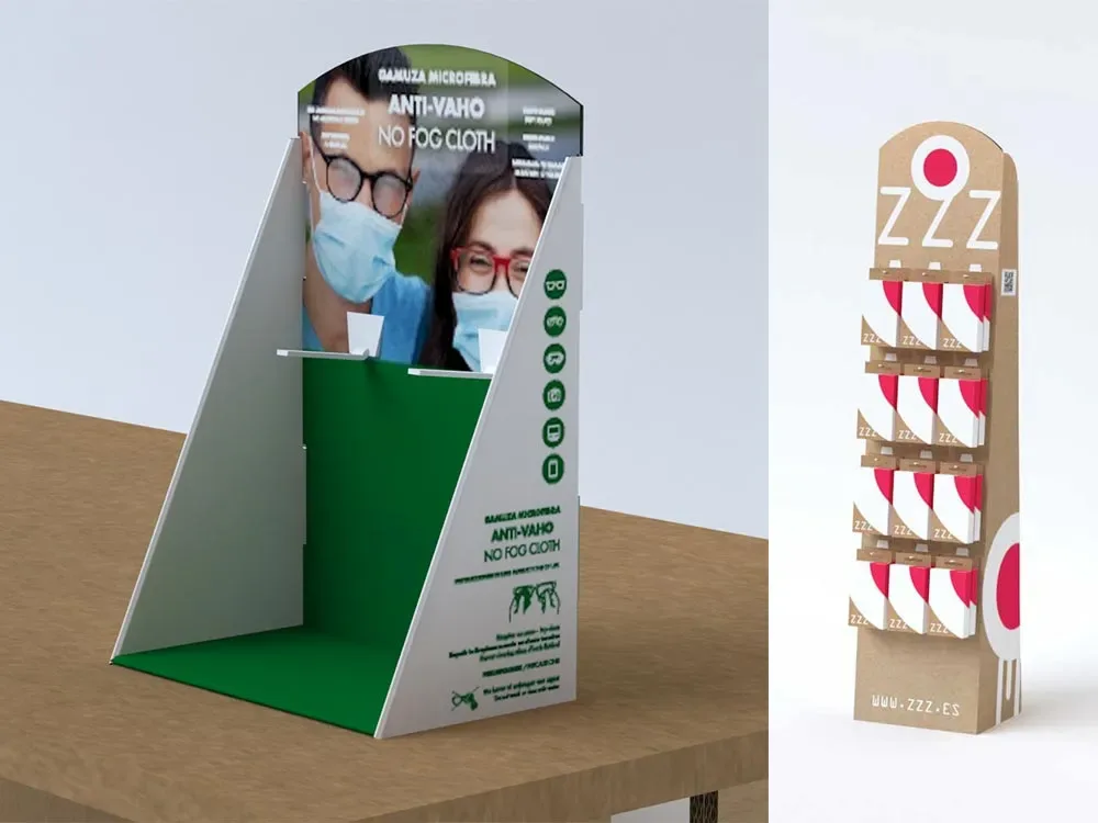 Render de expositor de mostrador de cartón para mascarillas sobre un mostrador
