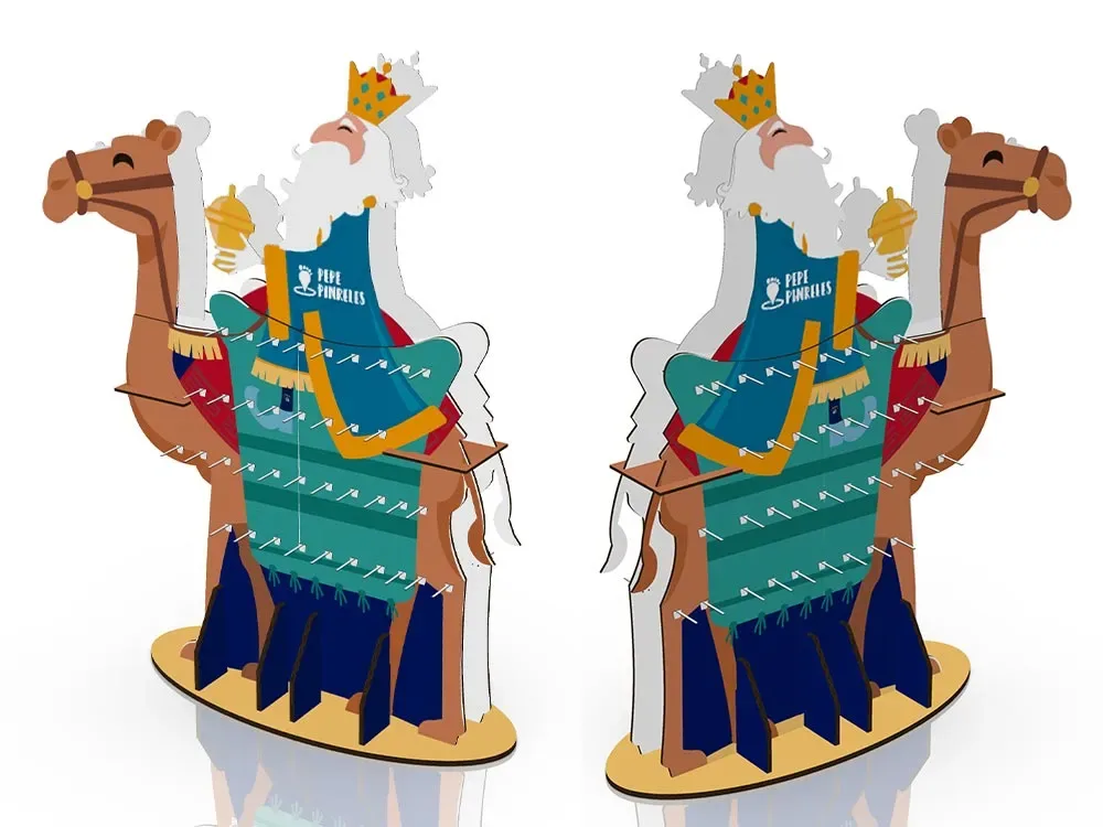 Render del expositor de ganchos de cartón de Pepe Pinreles con forma de camello y Rey Mago, a dos caras