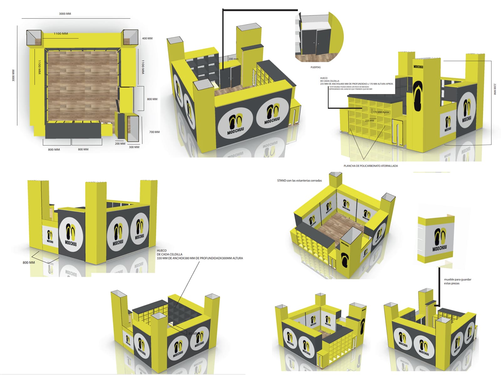 Render del stand de cartón de MOOCHUU