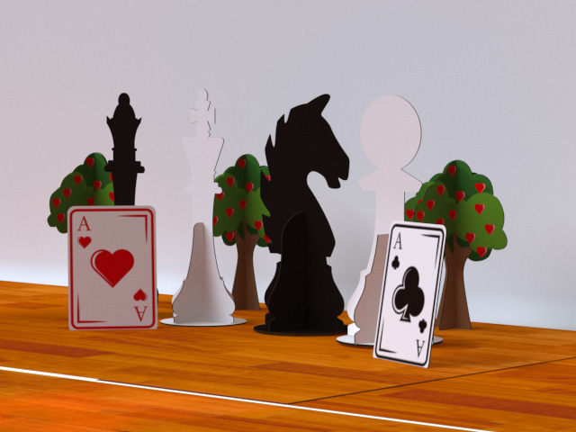 Render de los tótems y complementos de la escenografía