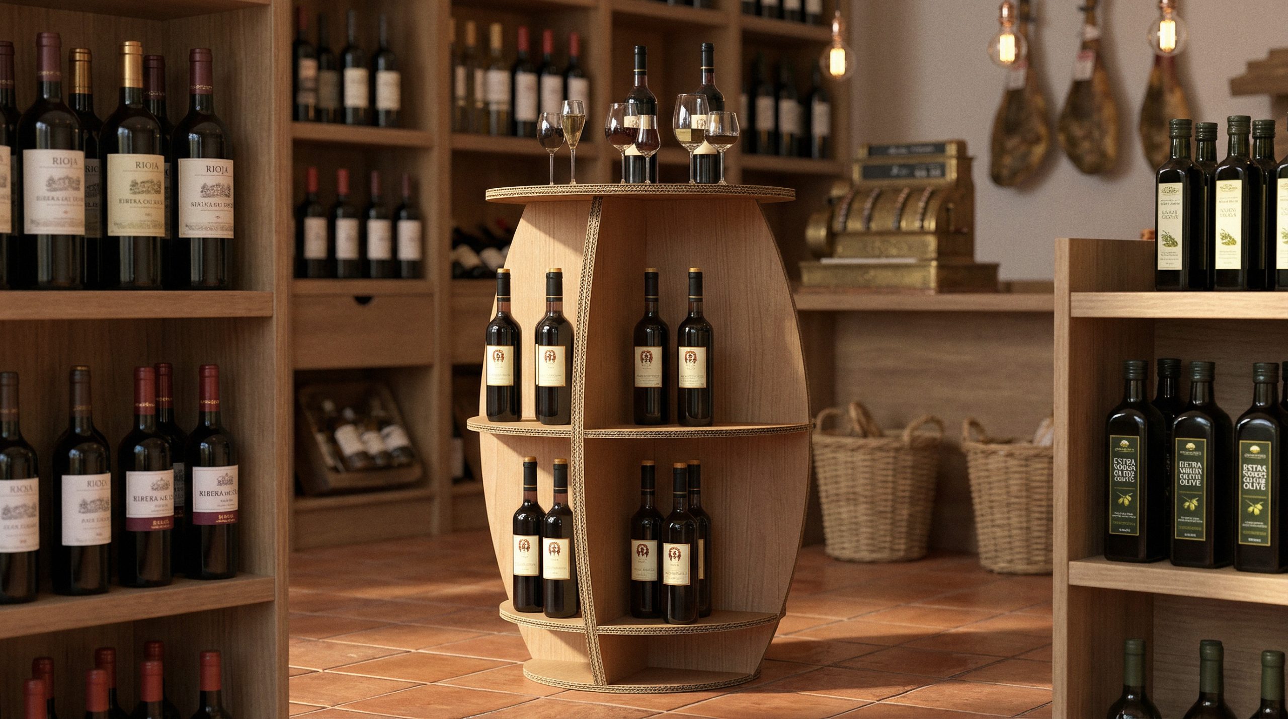 Expositor de cartón con forma de barril para vino en tienda gourmet
